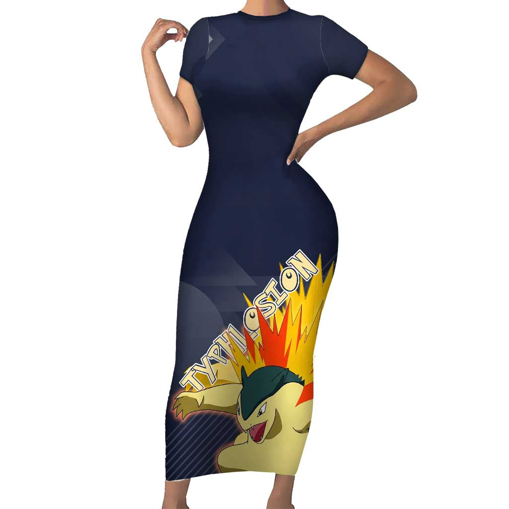 Typhlosion Poké Short Sleeve Bodycon Dress Fierce Flame Burst Vector Style