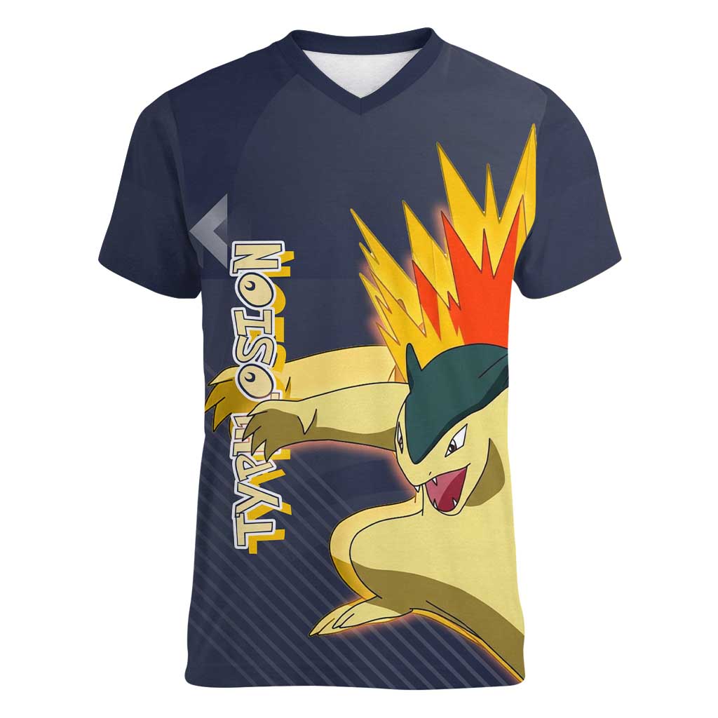 Typhlosion Poké Women V-Neck T-Shirt Fierce Flame Burst Vector Style