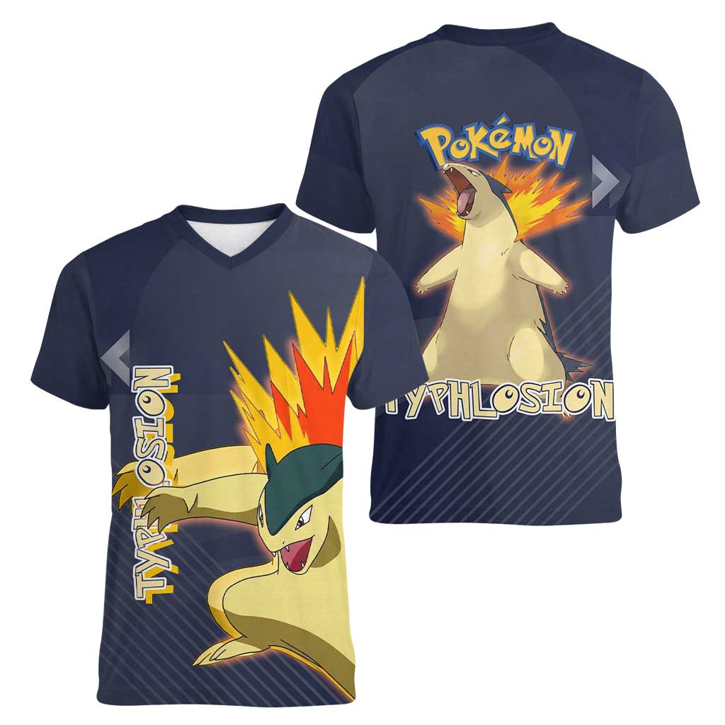 Typhlosion Poké Women V-Neck T-Shirt Fierce Flame Burst Vector Style