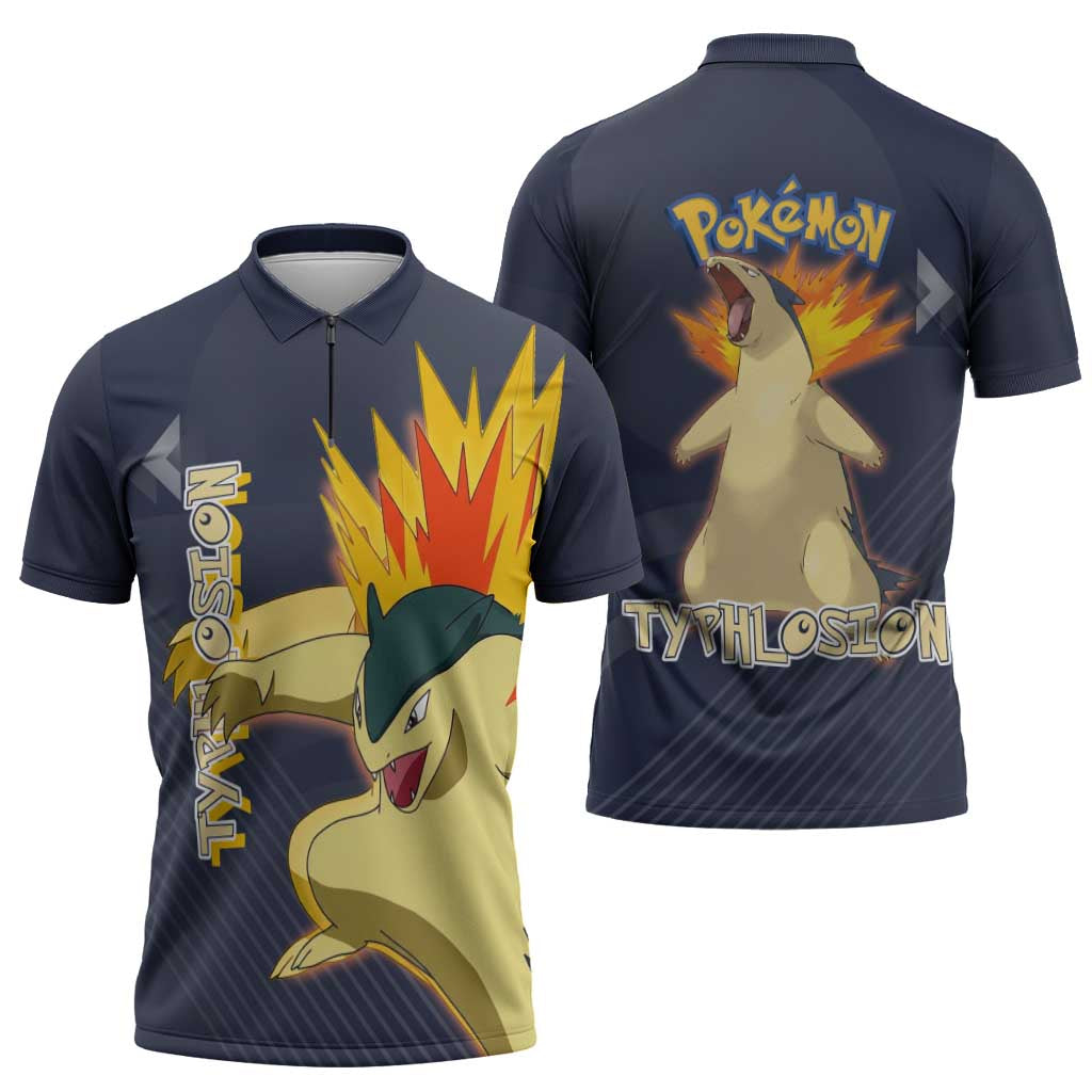 Typhlosion Poké Zipper Polo Shirt Fierce Flame Burst Vector Style
