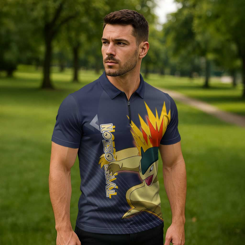 Typhlosion Poké Zipper Polo Shirt Fierce Flame Burst Vector Style