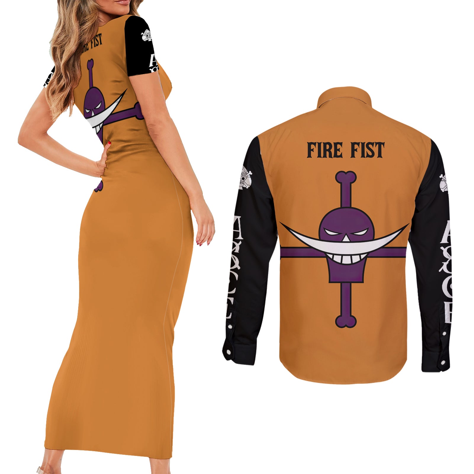 Portgas D Ace Couples Matching Short Sleeve Bodycon Dress and Long Sleeve Button Shirt