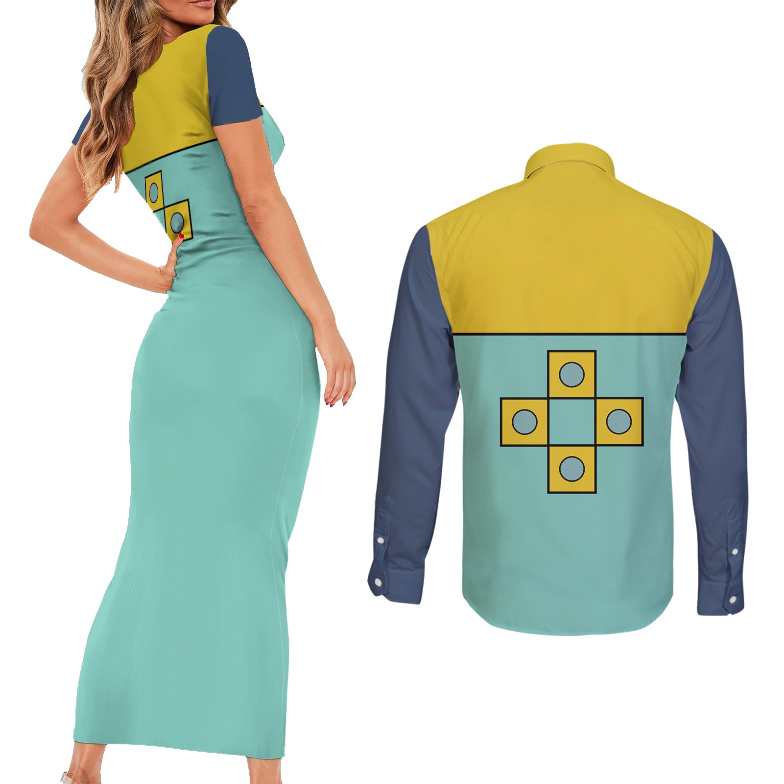 King Uniform Couples Matching Short Sleeve Bodycon Dress and Long Sleeve Button Shirt