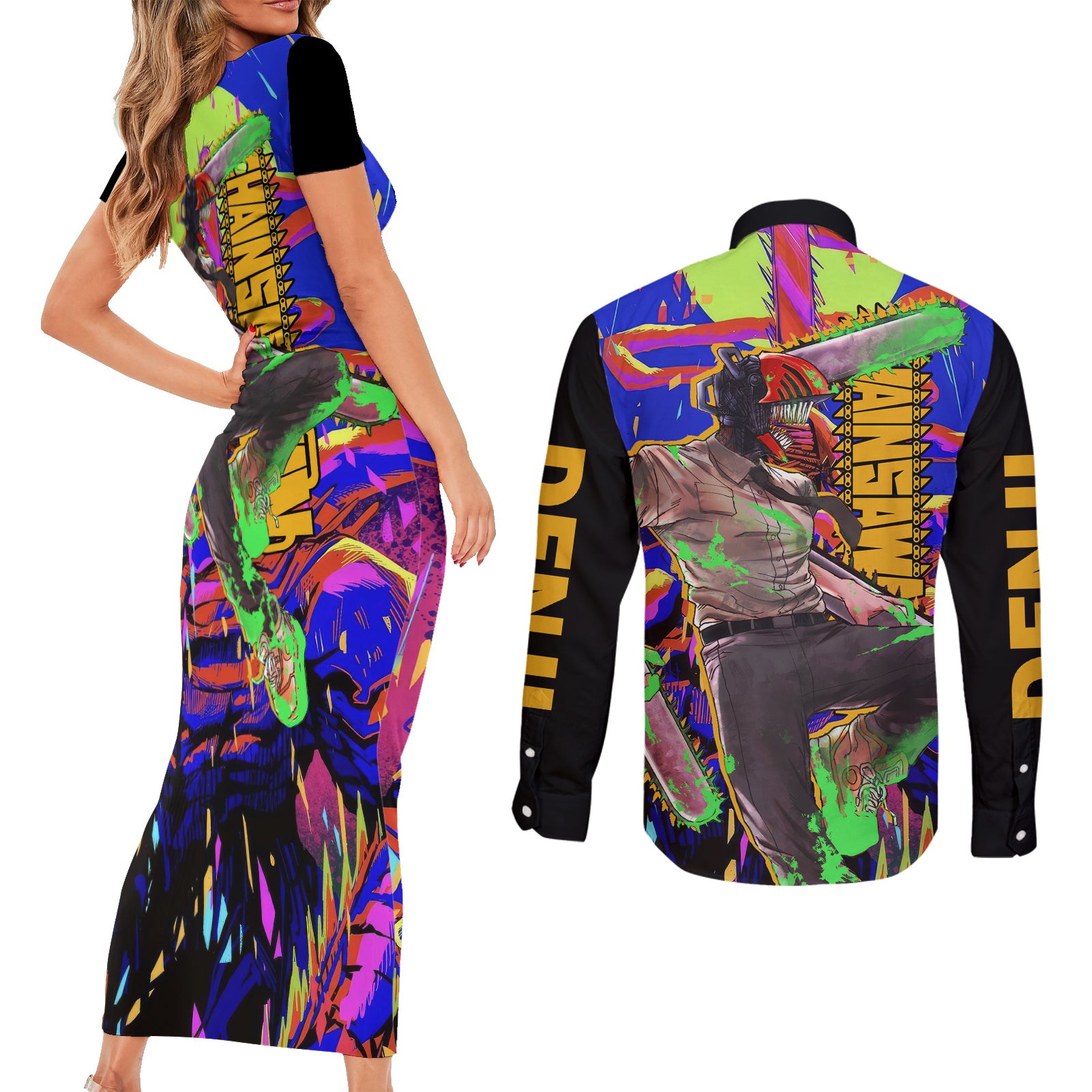 Denji Couples Matching Short Sleeve Bodycon Dress and Long Sleeve Button Shirt Chainsaw Man