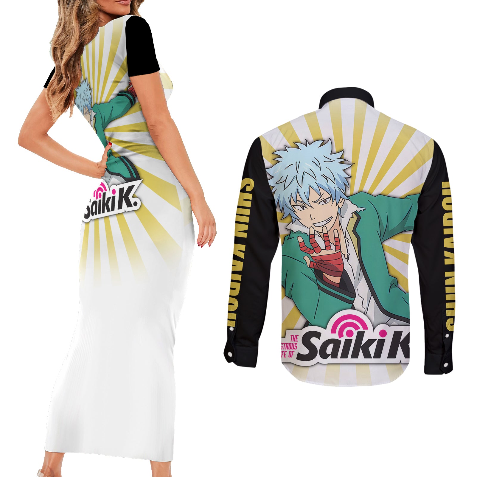 Shun Kaidou Couples Matching Short Sleeve Bodycon Dress and Long Sleeve Button Shirt Saiki K