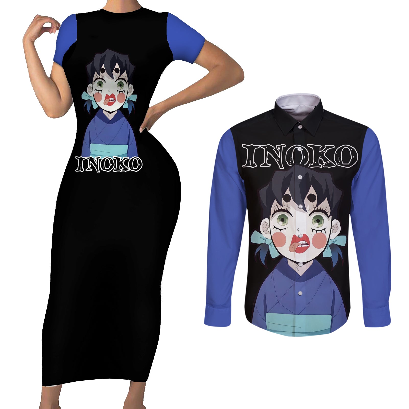 Inosuke Inoko Couples Matching Short Sleeve Bodycon Dress and Long Sleeve Button Shirt Demon Slayer
