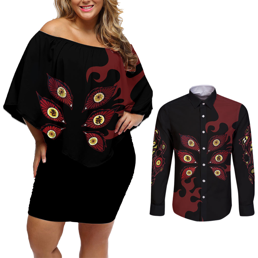 Kokushibou - Demon Slayer Couples Matching Off Shoulder Short Dress and Long Sleeve Button Shirt Anime Style
