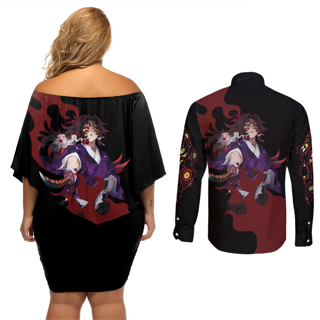 Kokushibou - Demon Slayer Couples Matching Off Shoulder Short Dress and Long Sleeve Button Shirt Anime Style