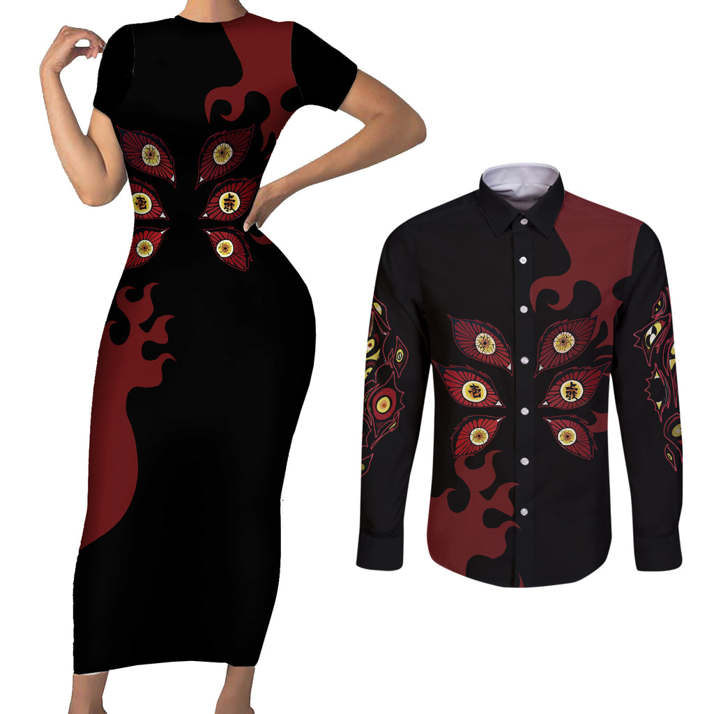 Kokushibou - Demon Slayer Couples Matching Short Sleeve Bodycon Dress and Long Sleeve Button Shirt Anime Style