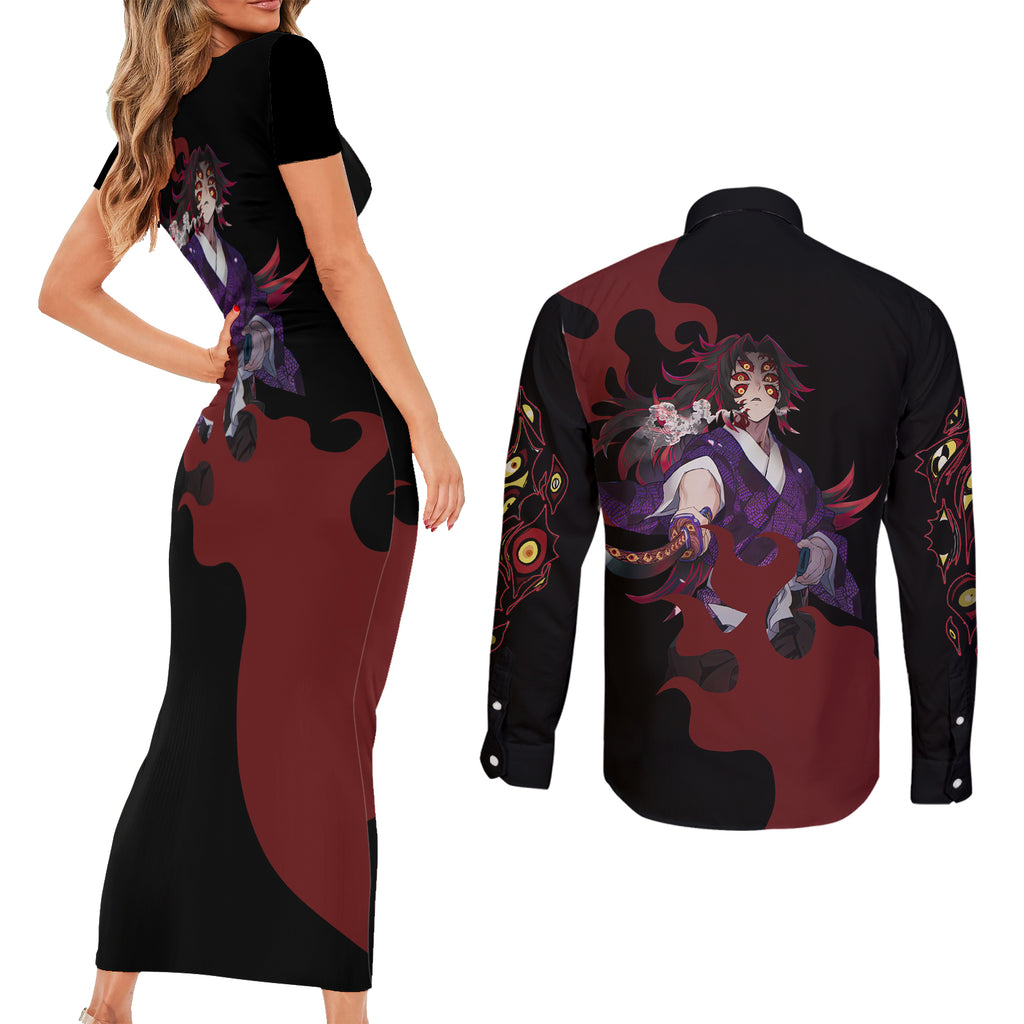 Kokushibou - Demon Slayer Couples Matching Short Sleeve Bodycon Dress and Long Sleeve Button Shirt Anime Style