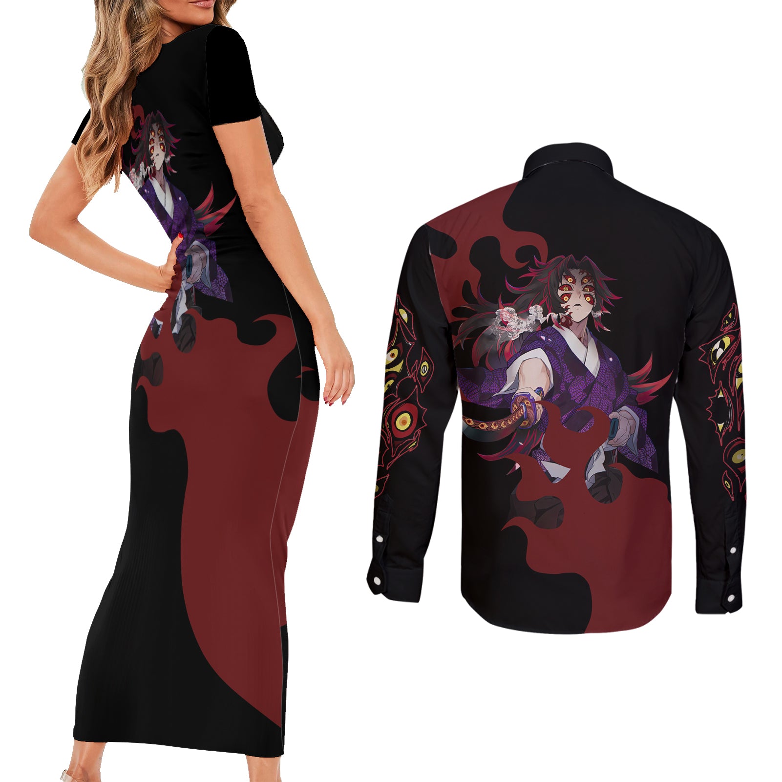 Kokushibou - Demon Slayer Couples Matching Short Sleeve Bodycon Dress and Long Sleeve Button Shirt Anime Style