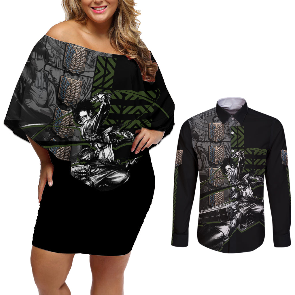 Levi Ackerman - Attack On Titan Couples Matching Off Shoulder Short Dress and Long Sleeve Button Shirt Anime Style