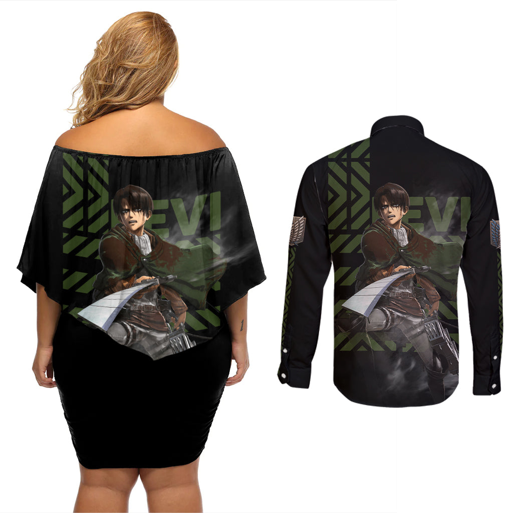 Levi Ackerman - Attack On Titan Couples Matching Off Shoulder Short Dress and Long Sleeve Button Shirt Anime Style