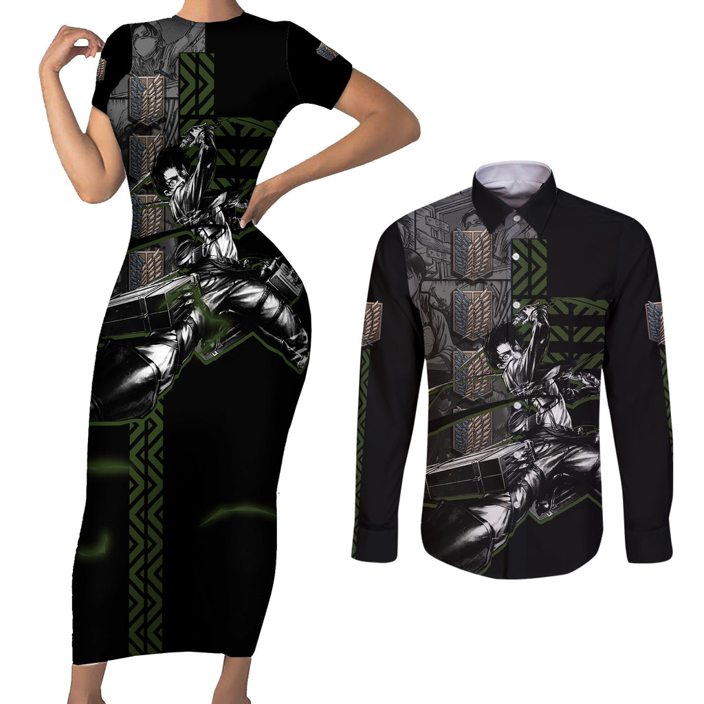 Levi Ackerman - Attack On Titan Couples Matching Short Sleeve Bodycon Dress and Long Sleeve Button Shirt Anime Style
