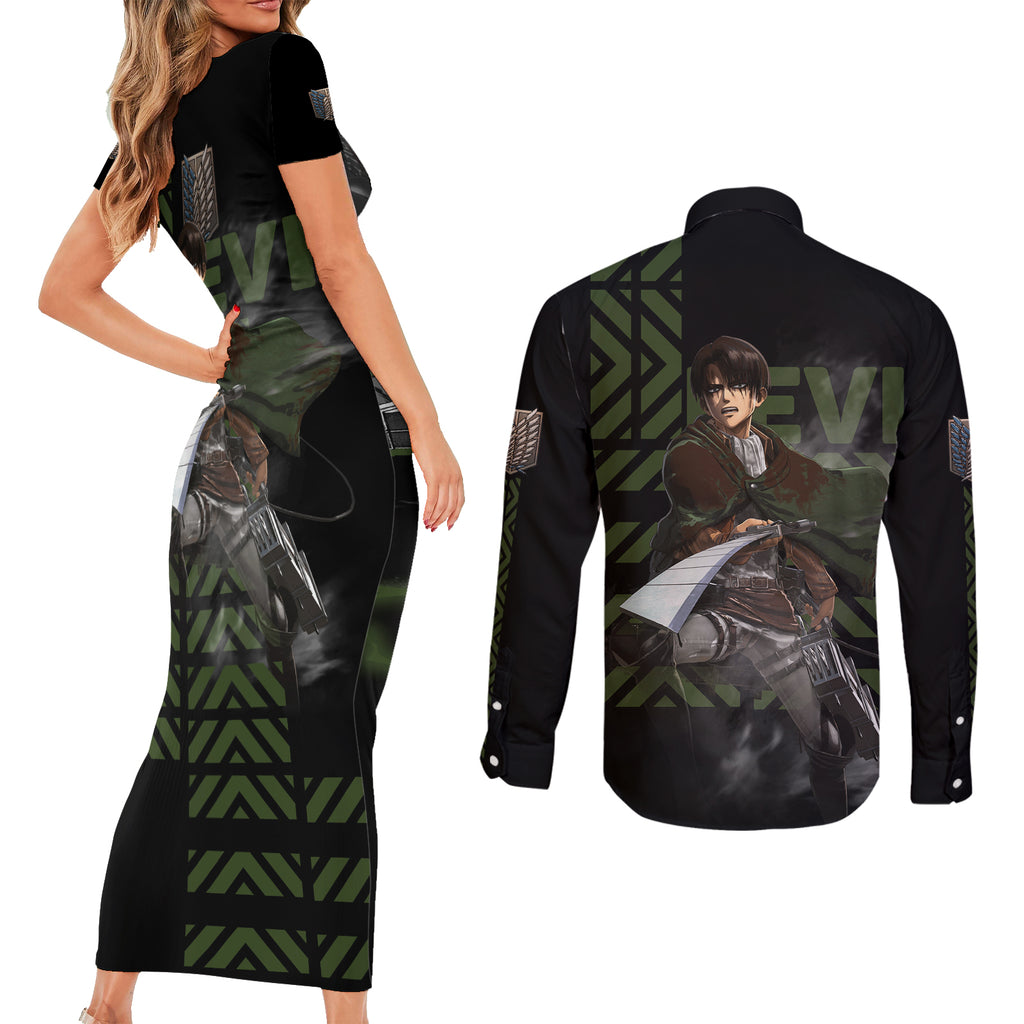 Levi Ackerman - Attack On Titan Couples Matching Short Sleeve Bodycon Dress and Long Sleeve Button Shirt Anime Style
