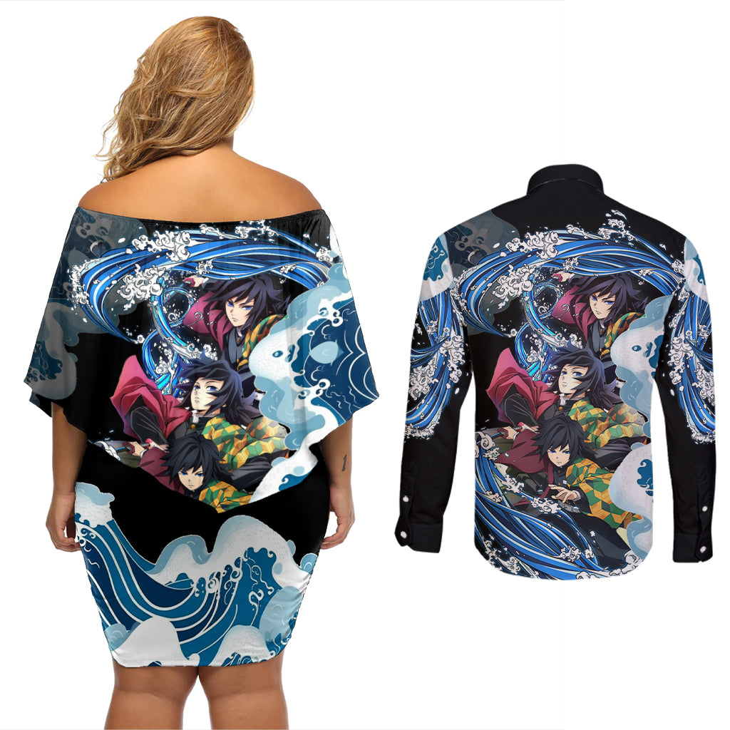 Tomioka Giyuu - Demon Slayer Couples Matching Off Shoulder Short Dress and Long Sleeve Button Shirt Anime Japan Style