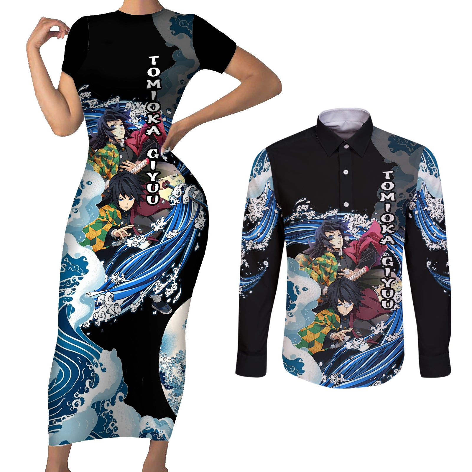 Tomioka Giyuu - Demon Slayer Couples Matching Short Sleeve Bodycon Dress and Long Sleeve Button Shirt Anime Japan Style