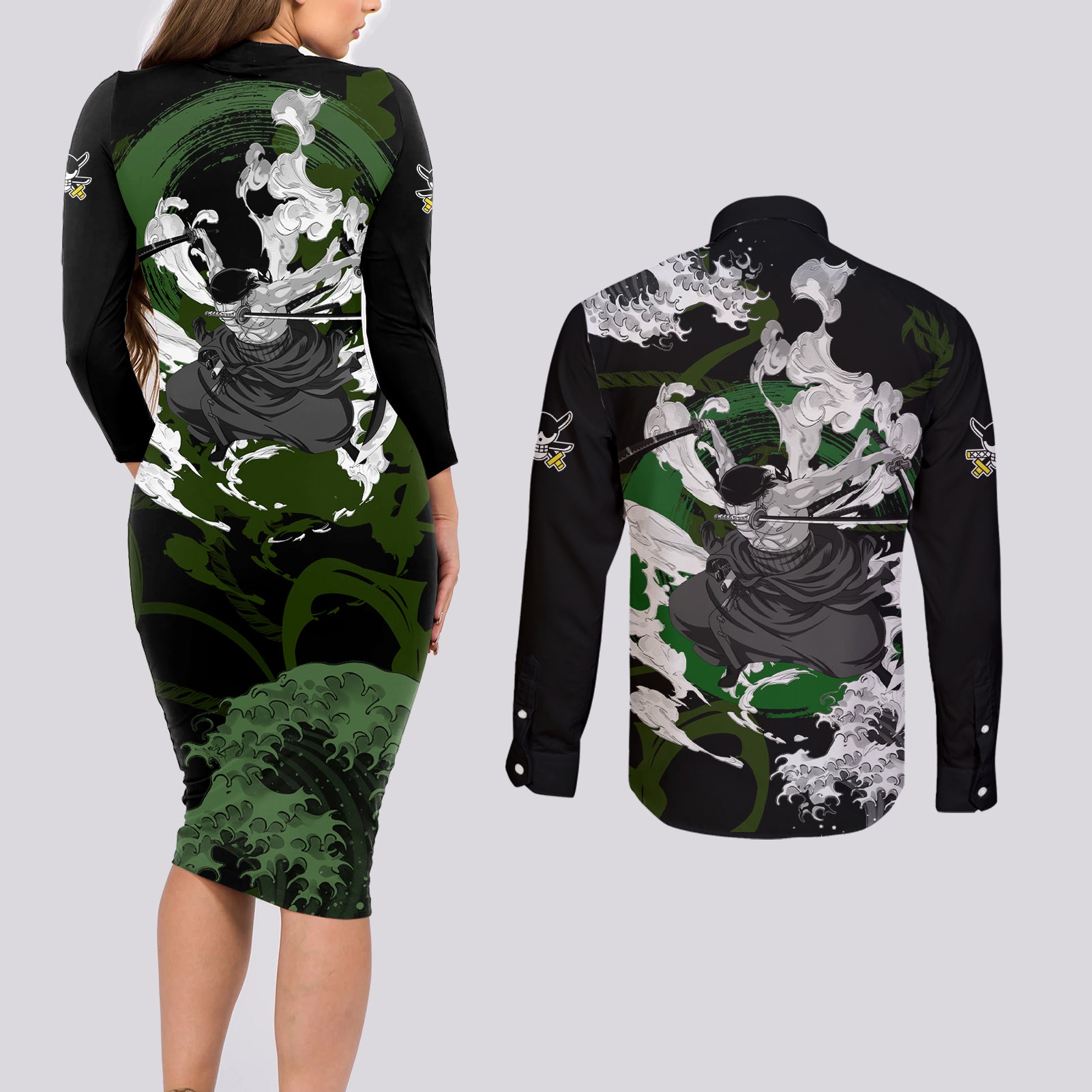 Zoronoa Zoro - One Piece Couples Matching Long Sleeve Bodycon Dress and Long Sleeve Button Shirt Anime Japan Style