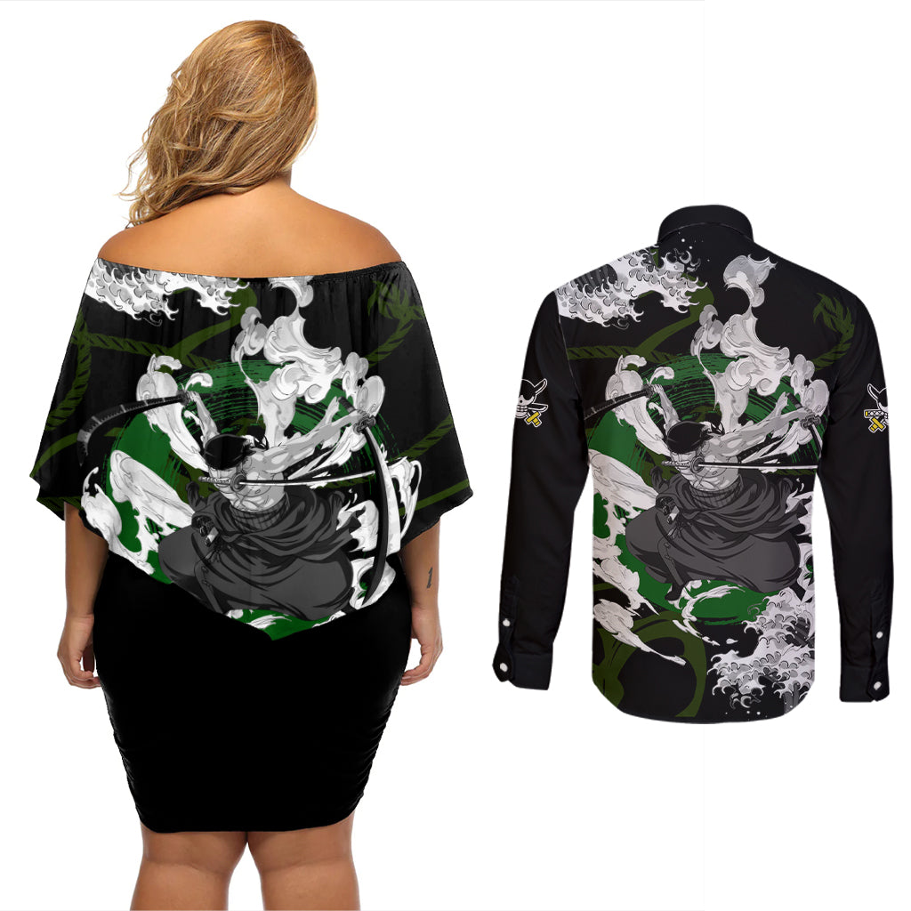 Zoronoa Zoro - One Piece Couples Matching Off Shoulder Short Dress and Long Sleeve Button Shirt Anime Japan Style