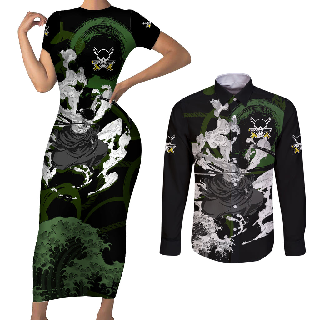 Zoronoa Zoro - One Piece Couples Matching Short Sleeve Bodycon Dress and Long Sleeve Button Shirt Anime Japan Style