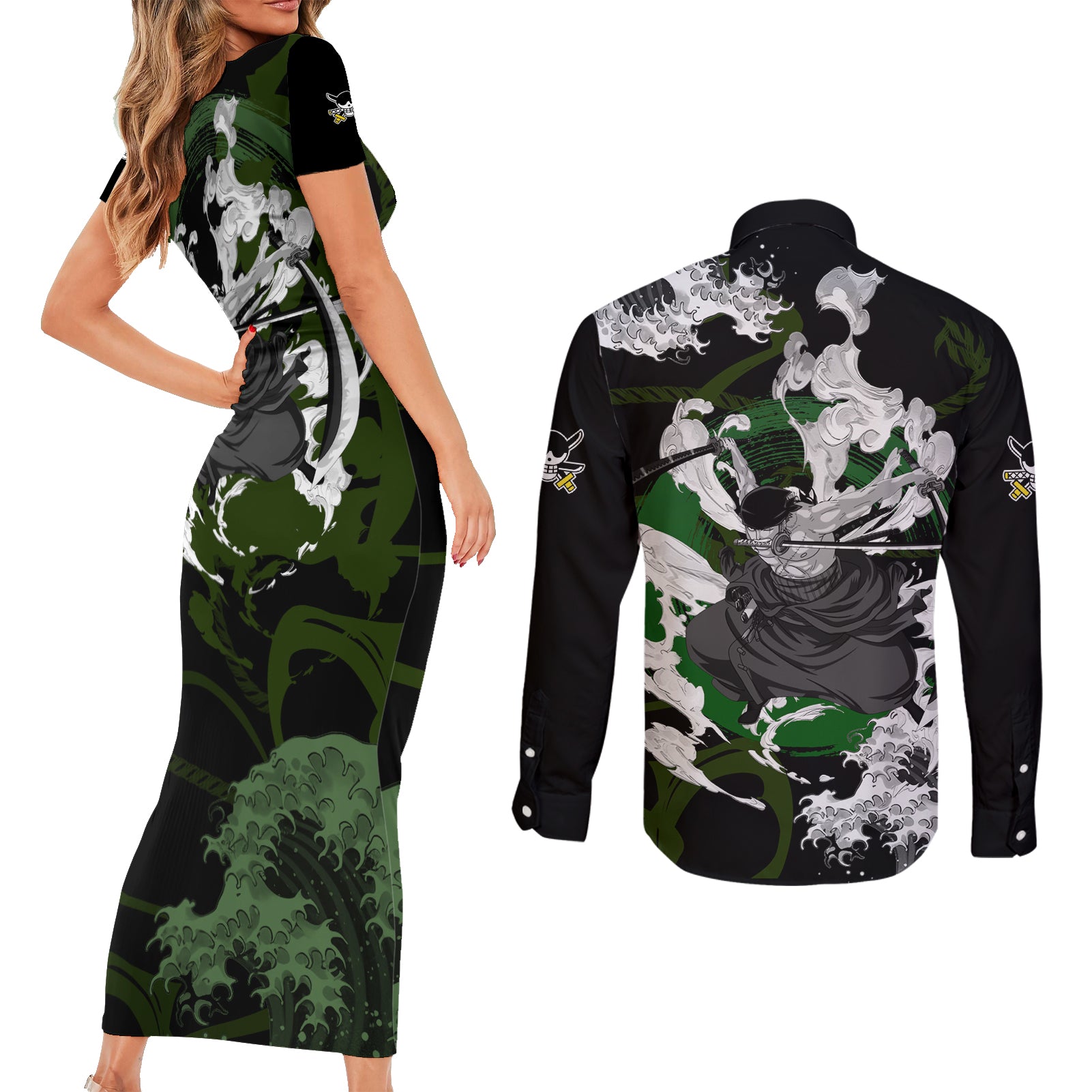Zoronoa Zoro - One Piece Couples Matching Short Sleeve Bodycon Dress and Long Sleeve Button Shirt Anime Japan Style
