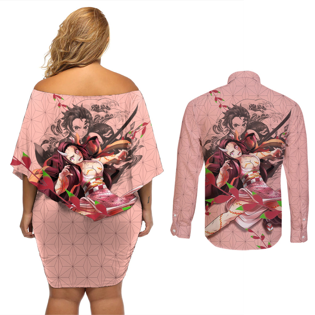 Demon Nezuko Kamado - Demon Slayer Couples Matching Off Shoulder Short Dress and Long Sleeve Button Shirt Anime Style