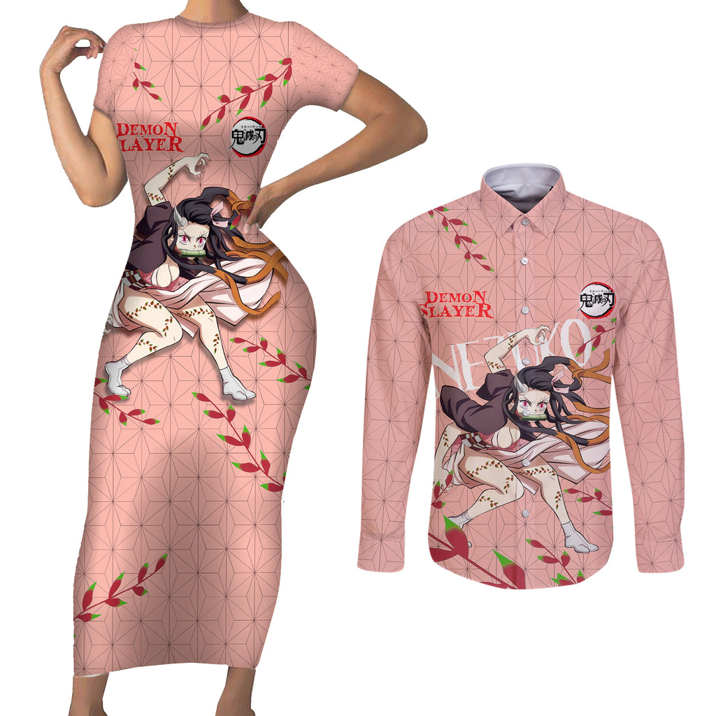 Demon Nezuko Kamado - Demon Slayer Couples Matching Short Sleeve Bodycon Dress and Long Sleeve Button Shirt Anime Style