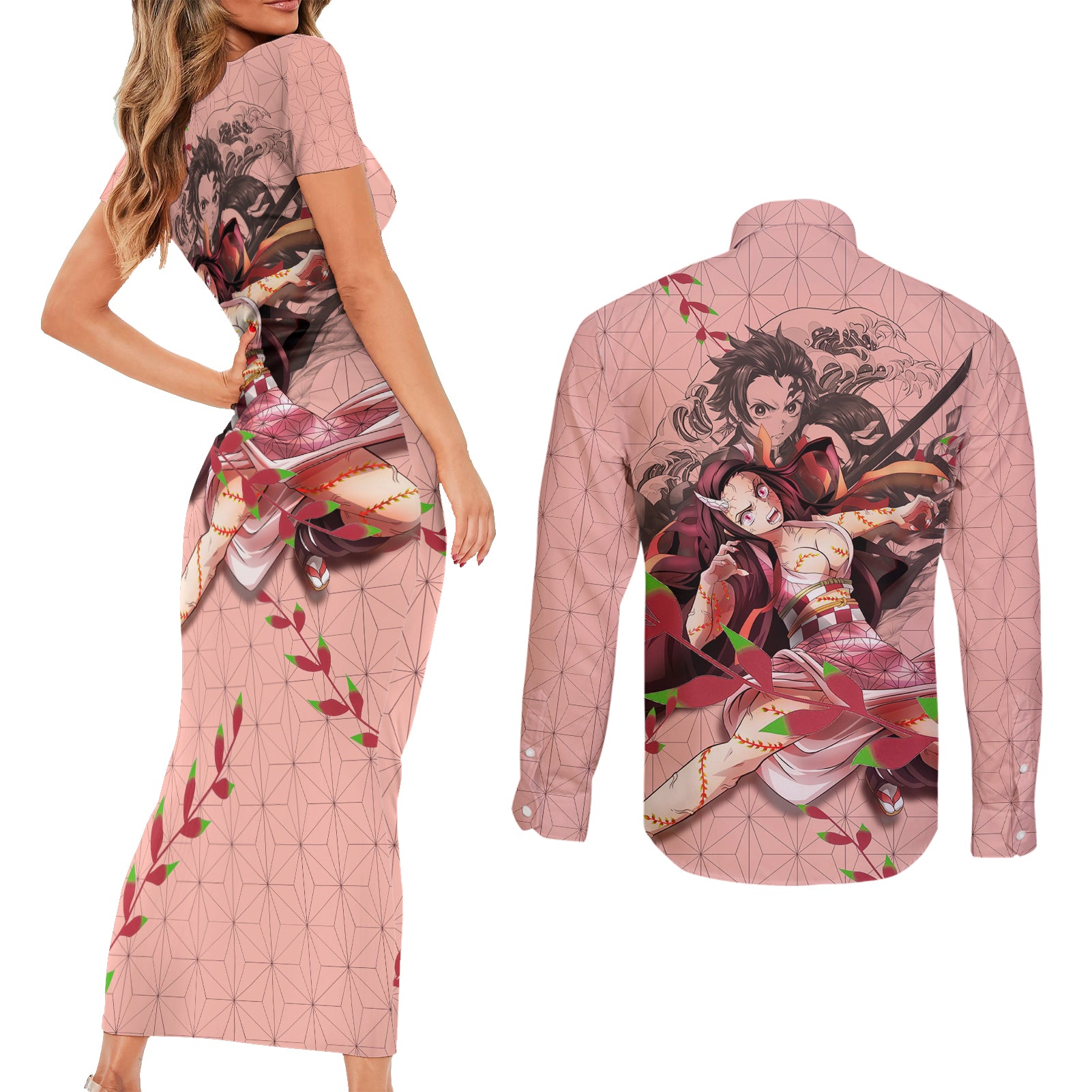 Demon Nezuko Kamado - Demon Slayer Couples Matching Short Sleeve Bodycon Dress and Long Sleeve Button Shirt Anime Style