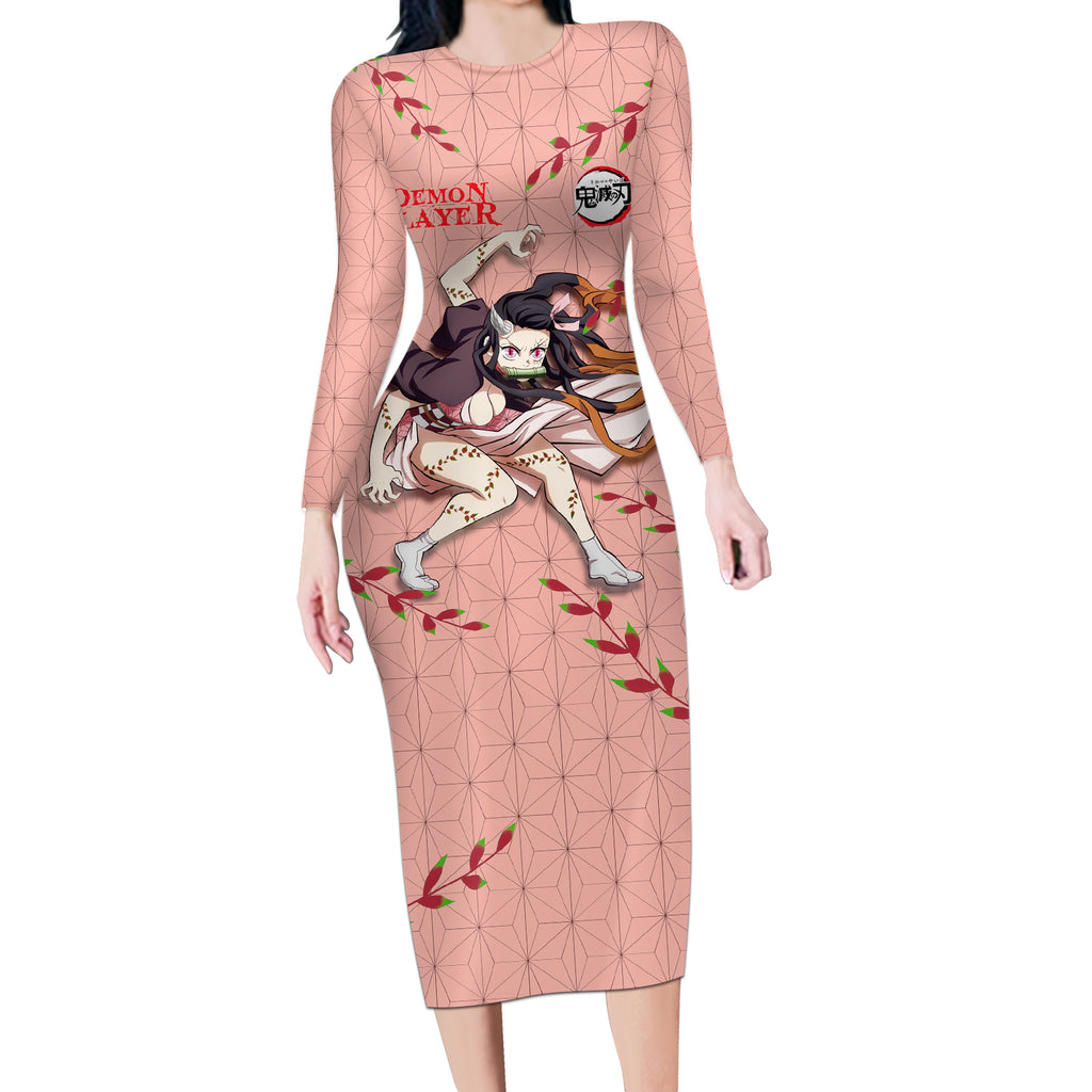 Demon Nezuko Kamado - Demon Slayer Long Sleeve Bodycon Dress Anime Style