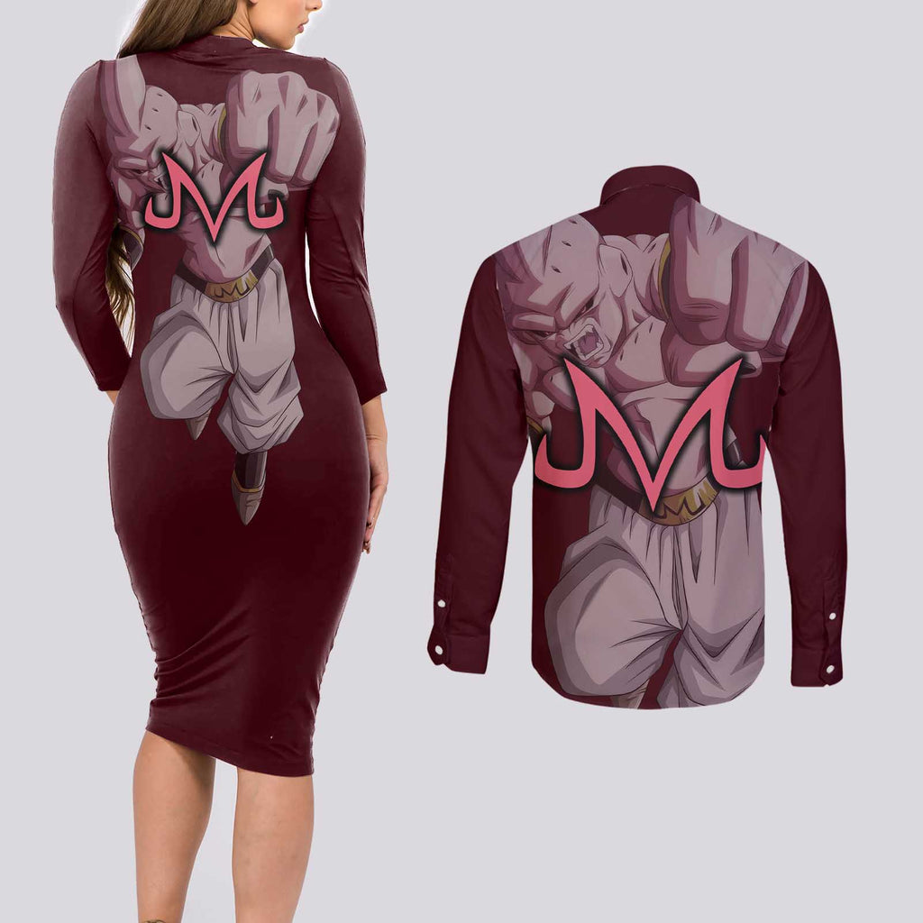Majin Buu - Dragonball Couples Matching Long Sleeve Bodycon Dress and Long Sleeve Button Shirt Anime Style