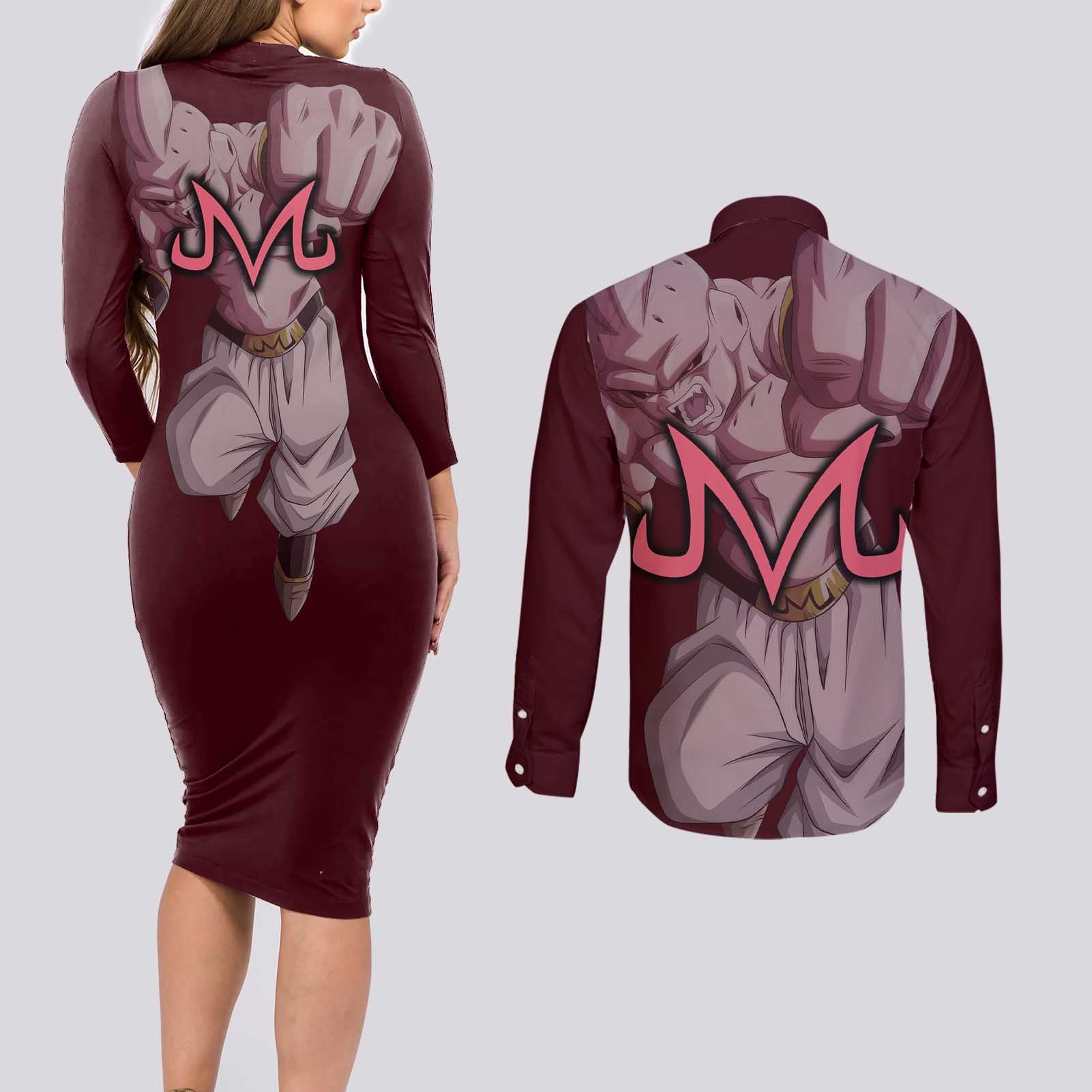 Majin Buu - Dragonball Couples Matching Long Sleeve Bodycon Dress and Long Sleeve Button Shirt Anime Style