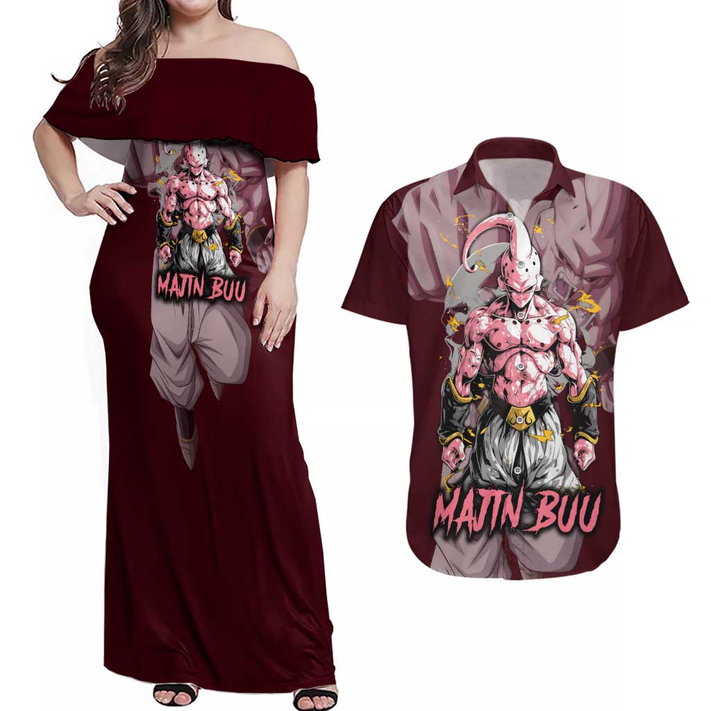 Majin Buu - Dragonball Couples Matching Off Shoulder Maxi Dress and Hawaiian Shirt Anime Style