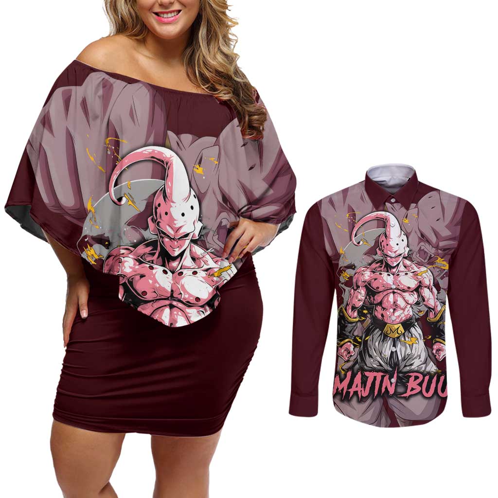 Majin Buu - Dragonball Couples Matching Off Shoulder Short Dress and Long Sleeve Button Shirt Anime Style