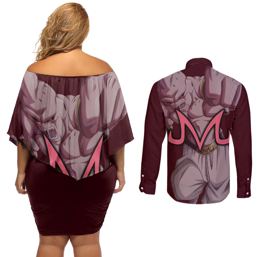 Majin Buu - Dragonball Couples Matching Off Shoulder Short Dress and Long Sleeve Button Shirt Anime Style
