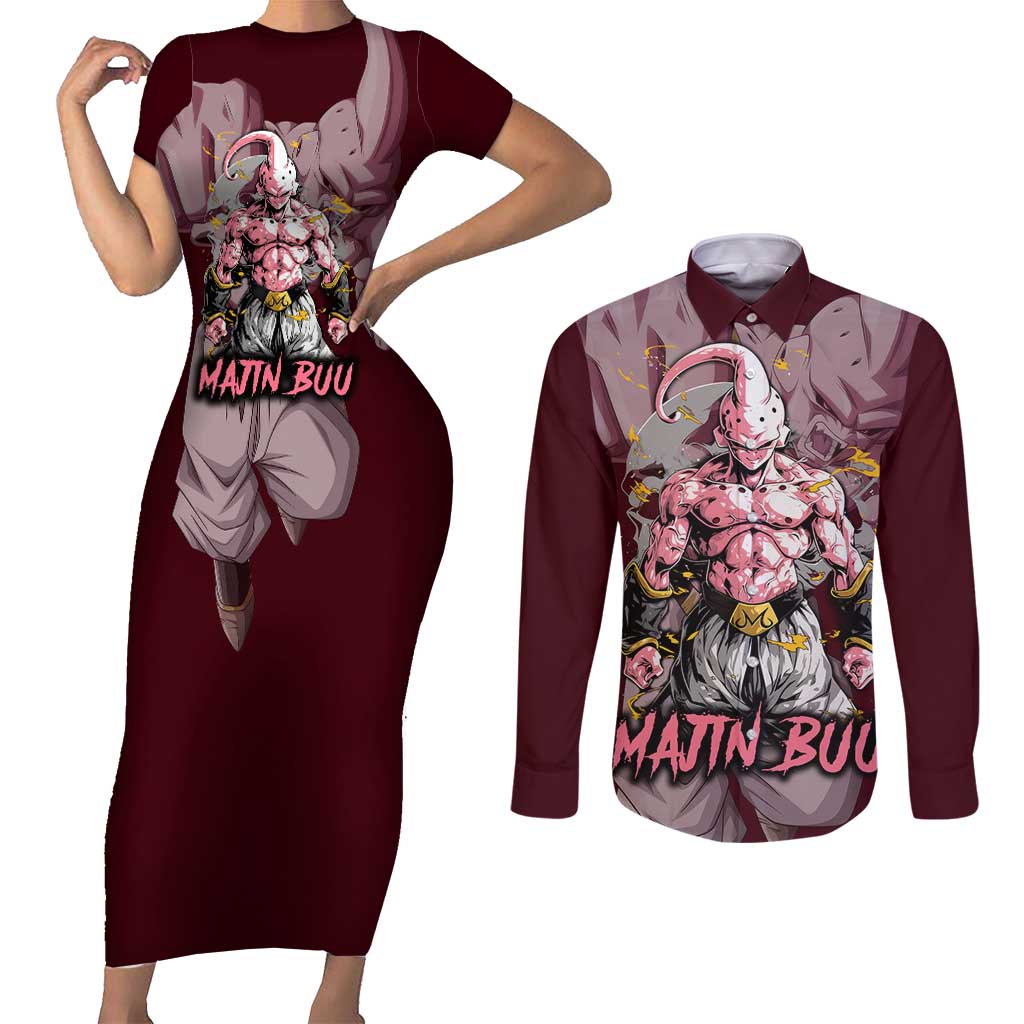 Majin Buu - Dragonball Couples Matching Short Sleeve Bodycon Dress and Long Sleeve Button Shirt Anime Style