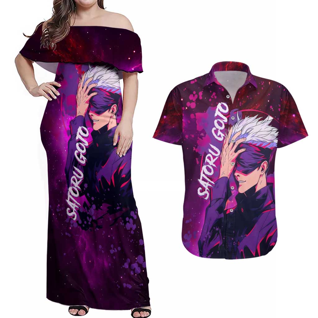 Satoru Gojo - Jujutsu Kaisen Couples Matching Off Shoulder Maxi Dress and Hawaiian Shirt Anime Galaxy Style