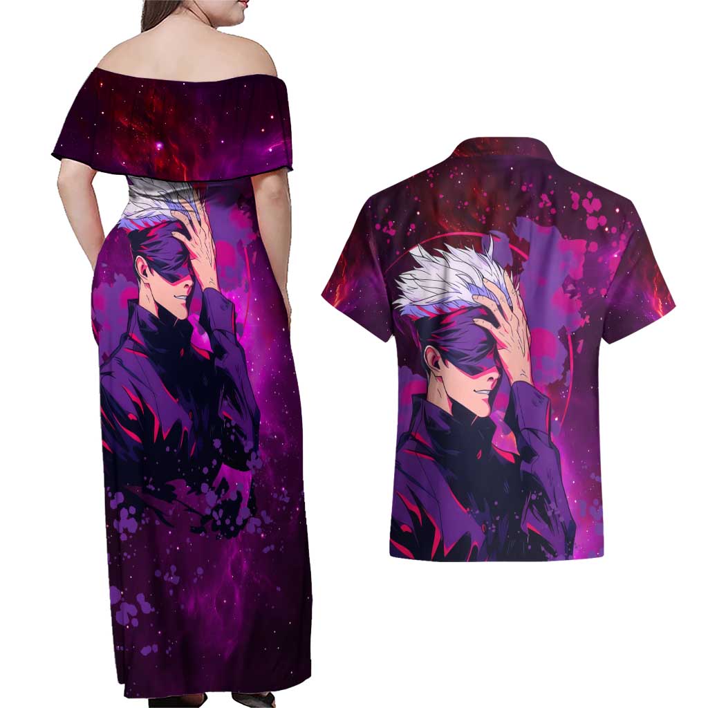 Satoru Gojo - Jujutsu Kaisen Couples Matching Off Shoulder Maxi Dress and Hawaiian Shirt Anime Galaxy Style
