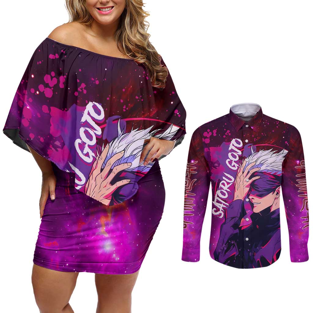 Satoru Gojo - Jujutsu Kaisen Couples Matching Off Shoulder Short Dress and Long Sleeve Button Shirt Anime Galaxy Style