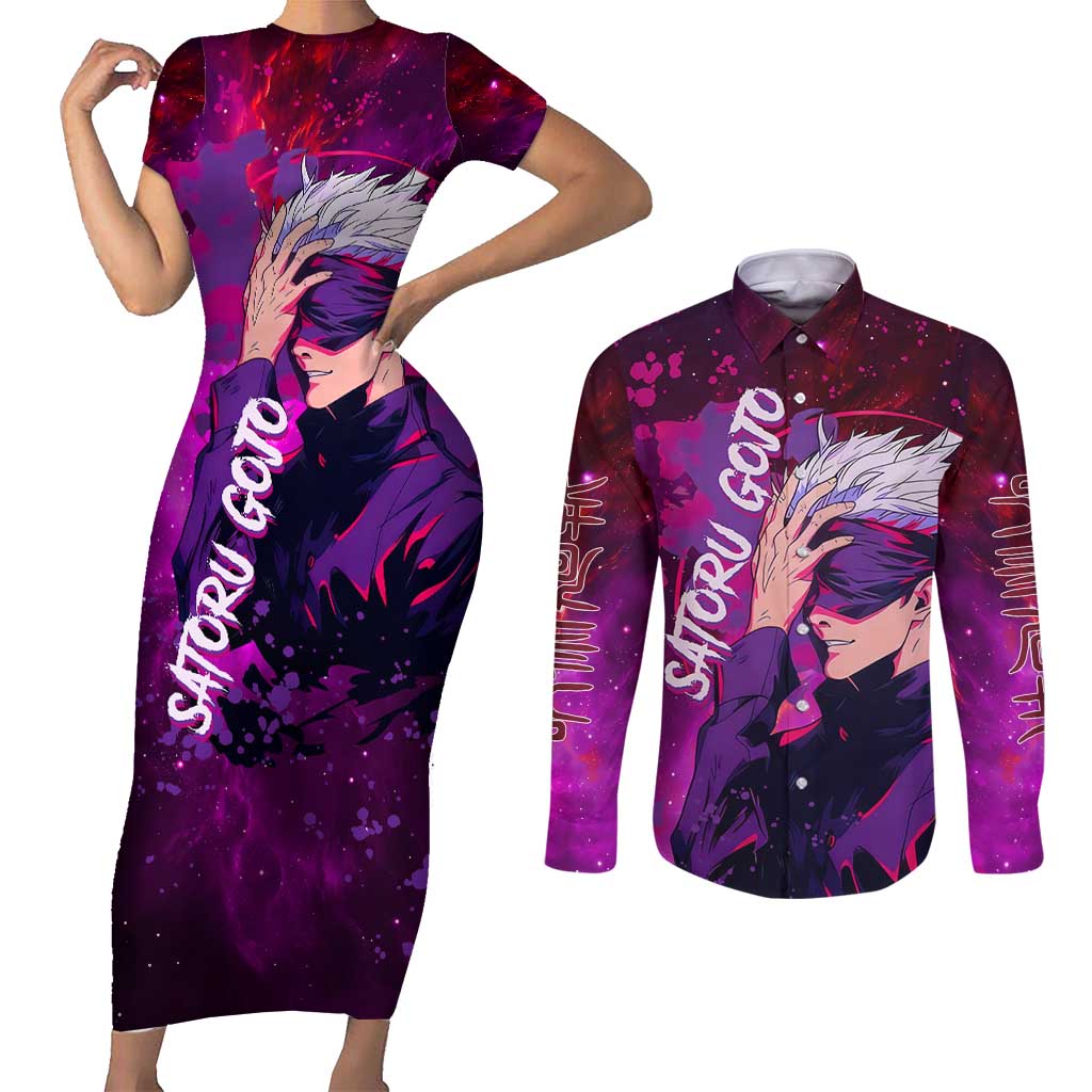 Satoru Gojo - Jujutsu Kaisen Couples Matching Short Sleeve Bodycon Dress and Long Sleeve Button Shirt Anime Galaxy Style