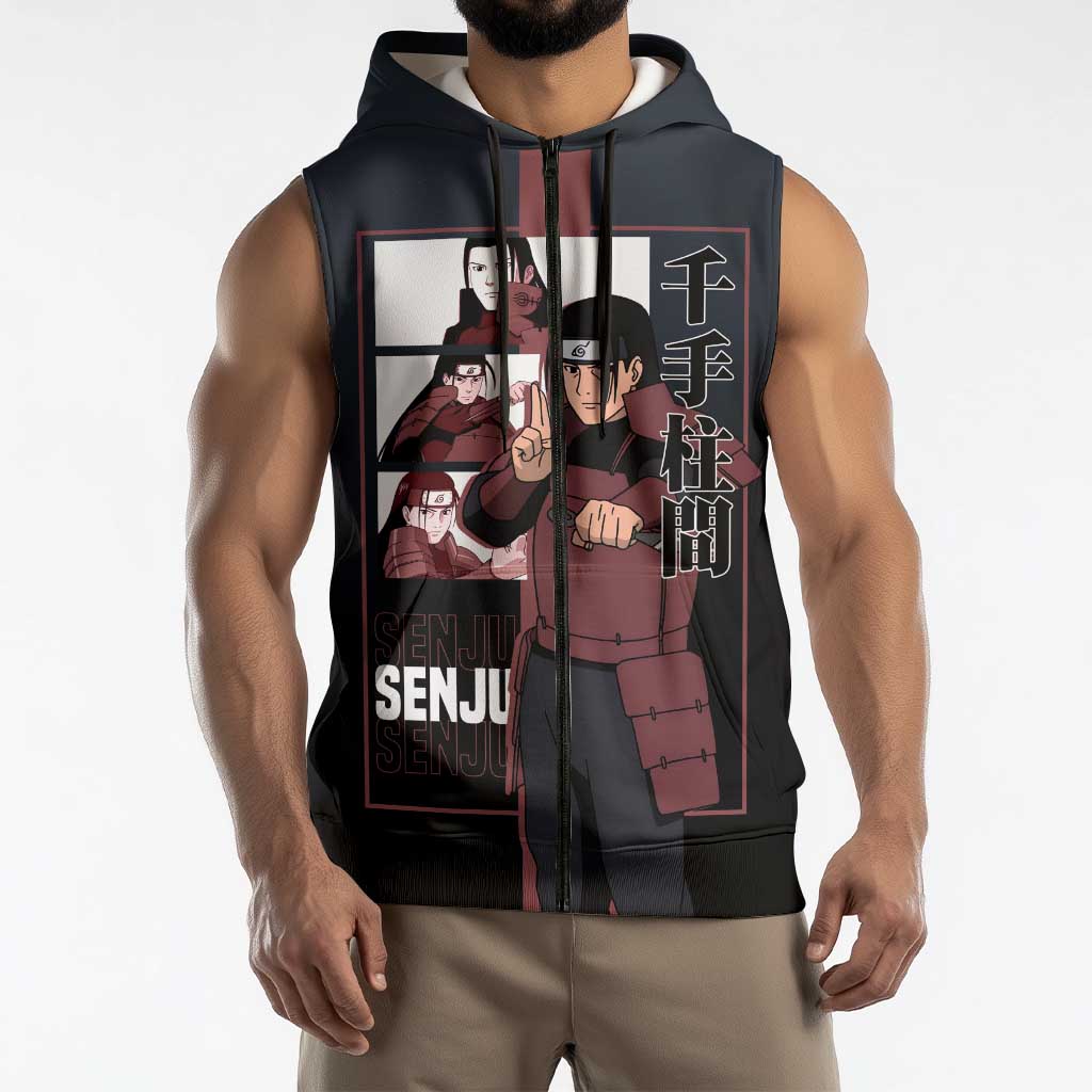 Hashirama Senju Sleeveless Zip Hoodie with Wood Release and Powerful Battle Pose Design - The Mazicc