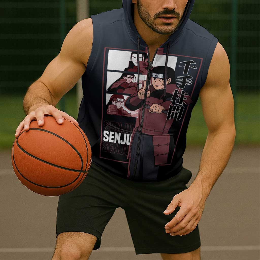 Hashirama Senju Sleeveless Zip Hoodie with Wood Release and Powerful Battle Pose Design - The Mazicc