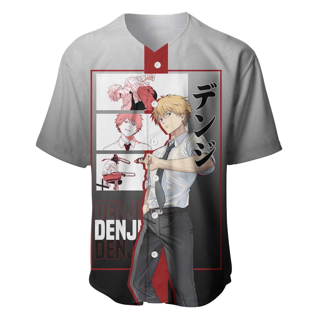 Denji Chainsaw Man Baseball Jersey with Pochita Chainsaw Form and Intense Action Pose Design - The Mazicc