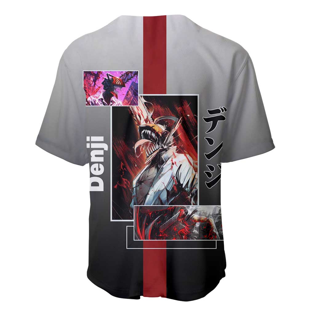 Denji Chainsaw Man Baseball Jersey with Pochita Chainsaw Form and Intense Action Pose Design - The Mazicc