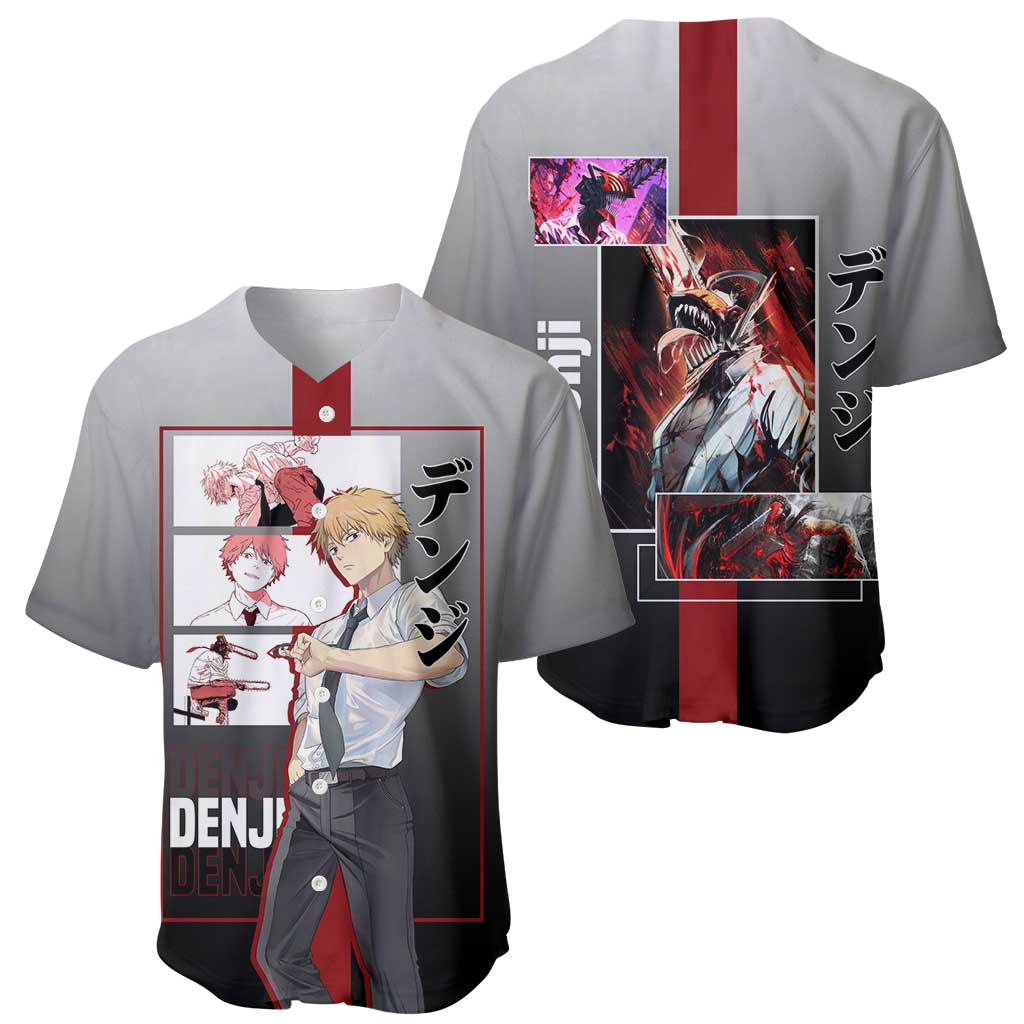 Denji Chainsaw Man Baseball Jersey with Pochita Chainsaw Form and Intense Action Pose Design - The Mazicc