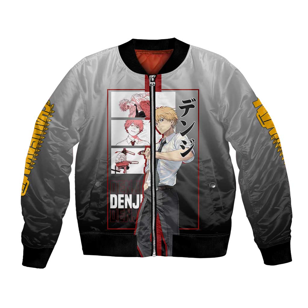 Denji Chainsaw Man Bomber Jacket with Pochita Chainsaw Form and Intense Action Pose Design - The Mazicc