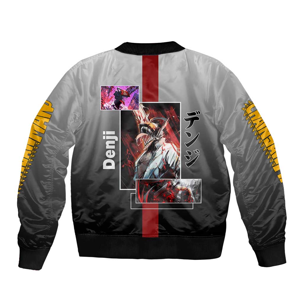 Denji Chainsaw Man Bomber Jacket with Pochita Chainsaw Form and Intense Action Pose Design - The Mazicc