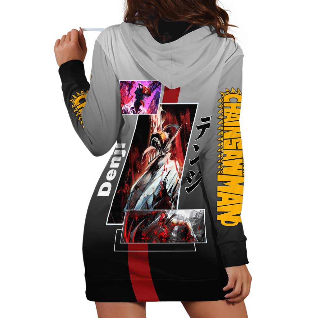 Denji Chainsaw Man Hoodie Dress with Pochita Chainsaw Form and Intense Action Pose Design - The Mazicc