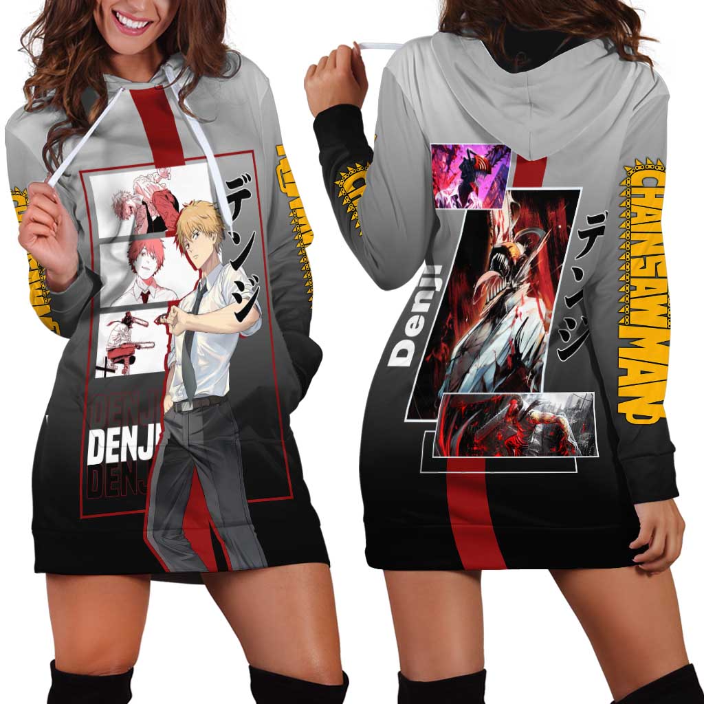 Denji Chainsaw Man Hoodie Dress with Pochita Chainsaw Form and Intense Action Pose Design - The Mazicc