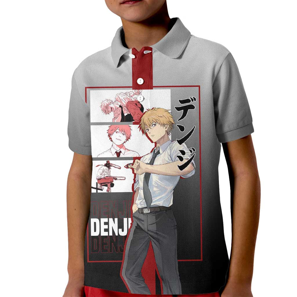 Denji Chainsaw Man Kid Polo Shirt with Pochita Chainsaw Form and Intense Action Pose Design - The Mazicc