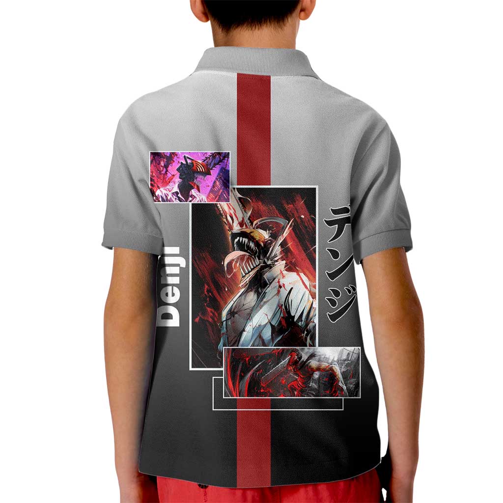 Denji Chainsaw Man Kid Polo Shirt with Pochita Chainsaw Form and Intense Action Pose Design - The Mazicc